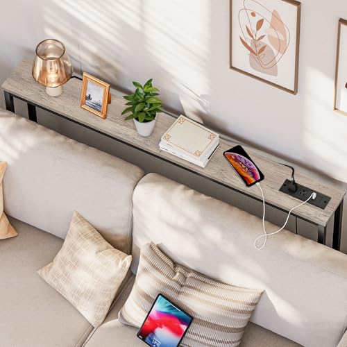 HOOBRO 47.2" Narrow Console Table with Power Outlets, 5.9" Behind Couch Table with Charging Station, Narrow Sofa Table, Long Entryway Table for Living Room, Hallway, Foyer, Greige BG15XG01G1 - color: Greige + Black, size: 47.2"L x 5.9"W x 31.5"H
