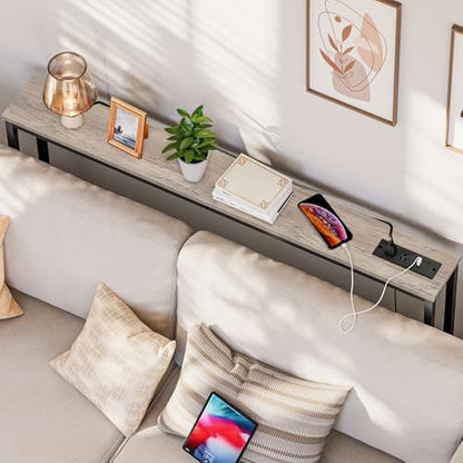 HOOBRO 47.2" Narrow Console Table with Power Outlets, 5.9" Behind Couch Table with Charging Station, Narrow Sofa Table, Long Entryway Table for Living Room, Hallway, Foyer, Greige BG15XG01G1 - color: Greige + Black, size: 47.2"L x 5.9"W x 31.5"H