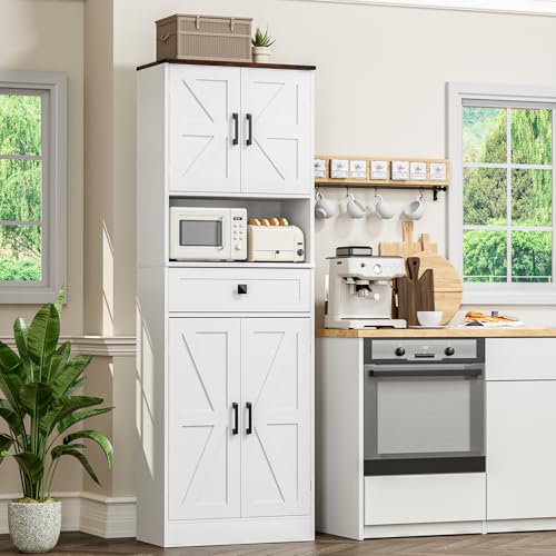 Farmhouse Kitchen Pantry Cabinet, 67" Tall Kitchen Storage Cabinet, Kitchen Hutch with Microwave Stand & Barn Doors and Drawers for Dining Room, Living Room, Study - color: White, style: Farmhouse