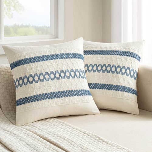 MIULEE Set of 2 Coastal Blue Boho Decorative Pillow Covers 18x18 Inch | Farmhouse Couch Throw Pillows, Modern Cotton Cushion Covers, Macrame Woven Spring Decor for Bed Sofa Chair - color: Blue, size: 18" x 18" (Pack of 2)