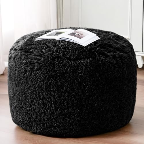 HIGOGOGO Round Stuffed Pouf Ottoman, Long Faux Fur Poufs with Foam Chunk Filling, Fluffy and Furry Pouf Foot Stool Storage Ottoman, 26 X 18 Floor Poufs Foot Rest for Living Room, Black - color: Black, size: 26"D x 26"W x 18"H