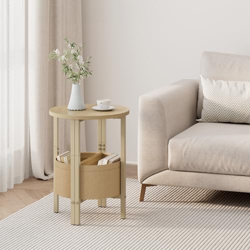 Small Round Side Table End Table, Tall Accent Table with Storage Basket, Set of 2 Half Round Tables Half Moon Tables, Coffee Bedside Tables, Modern Nightstand for Living Room Bedroom,Natural - color: Natural Walnut