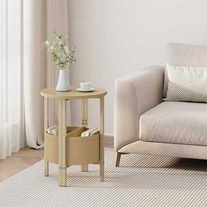 Small Round Side Table End Table, Tall Accent Table with Storage Basket, Set of 2 Half Round Tables Half Moon Tables, Coffee Bedside Tables, Modern Nightstand for Living Room Bedroom,Natural - color: Natural Walnut
