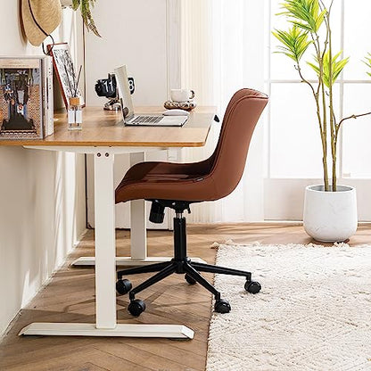 YOUTASTE Coffee Brown Office Chair Modern Armless Desk Chair with Wheels Adjustable Swivel Rocking Rolling Computer Study Chairs Faux Leather Sewing Chairs with Back Stylish Vanity Chair - color: Coffee Brown