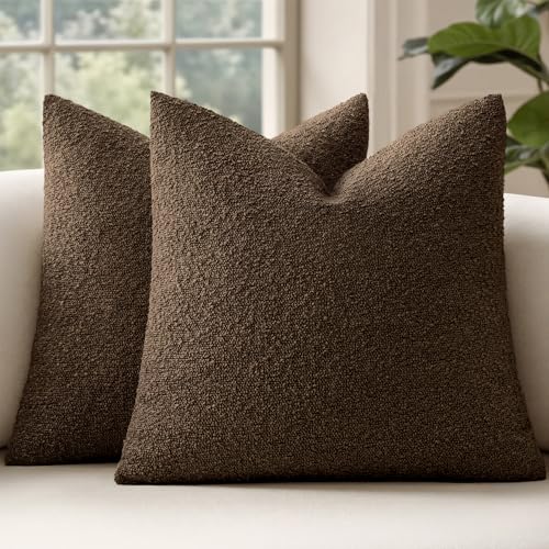 MIULEE 18x18 Decorative Lumbar Boucle Couch Pillow Covers Brown | Set of 2 Textured Neutral Fall Autumn Throw Pillow Covers, Accent Solid Pillowcases, Sofa Living Room Home Decor - color: Brown, size: 18" x 18" (Pack of 2)