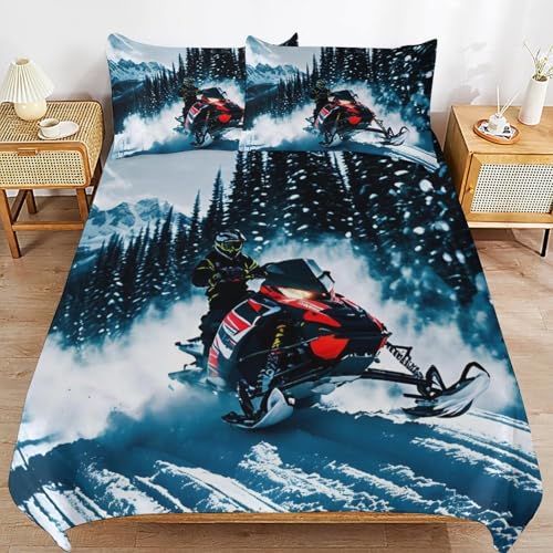3 Piece Cool Snowmobile Bedding Set - Ultra Soft Fabric & Double-Sided Print, Breathable Comforter Set with 1 Quilt Cover & 2 Pillowcases for Home Hotel, 102"x90" - size: 102"x90"