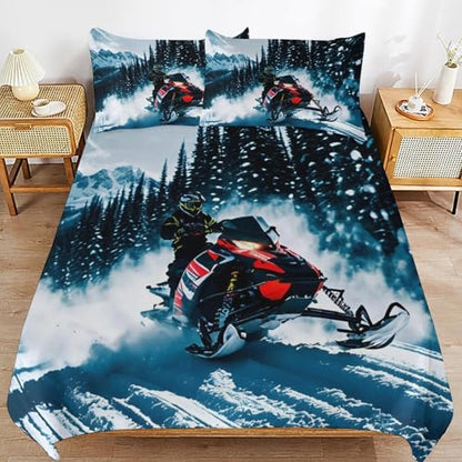 3 Piece Cool Snowmobile Bedding Set - Ultra Soft Fabric & Double-Sided Print, Breathable Comforter Set with 1 Quilt Cover & 2 Pillowcases for Home Hotel, 102"x90" - size: 102"x90"