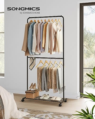 SONGMICS Clothes Rack with Wheels, Double-Rod Clothing Rack for Hanging Clothes, 25.4mm Metal Garment Rack with Dense Mesh Storage Shelf, 110 lb Load Capacity, 2 Brakes, Black UHSR027B01 - color: Black, style: Middle Rod