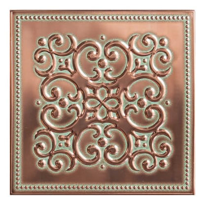 Peel and Stick Metal Backsplash Tiles, Patina Copper, 10-Pack | 8 x 8 in tile size; Covers up to 4.44 sq ft; Aluminum; Water-resistant surface; For kitchens, ceilings, DIY projects - style: Patina Copper