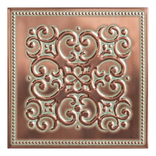 Peel and Stick Metal Backsplash Tiles, Patina Copper, 10-Pack | 8 x 8 in tile size; Covers up to 4.44 sq ft; Aluminum; Water-resistant surface; For kitchens, ceilings, DIY projects - style: Patina Copper