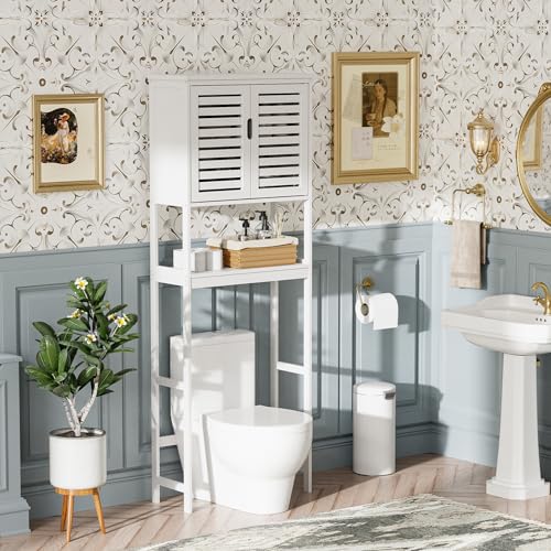 SMIBUY Bathroom Over The Toilet Storage Cabinet, 2 Door Bamboo Cabinet Organizer, Freestanding Space Saver Toilet Rack with Adjustable Inside Shelf and Open Shelf (White) - color: White