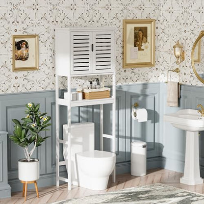 SMIBUY Bathroom Over The Toilet Storage Cabinet, 2 Door Bamboo Cabinet Organizer, Freestanding Space Saver Toilet Rack with Adjustable Inside Shelf and Open Shelf (White) - color: White