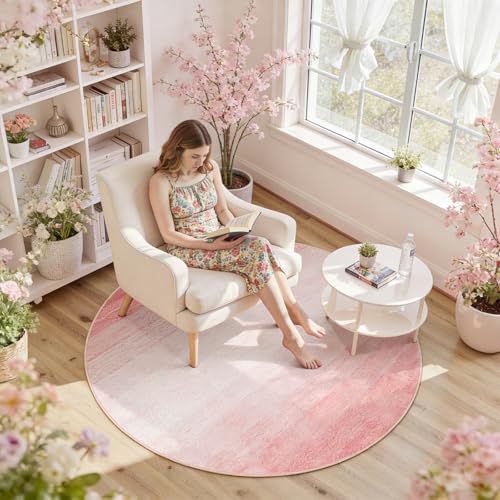 Wonnitar Pink Round Rug 4ft, Washable Modern Ombre Circle Rug for Bedroom, Soft Cute Nursery Round Throw Mat, Non-Slip Contemporary Small Low Pile Floor Carpet for Dorm Bedside (Pink, Round 4ft) - color: Pink, size: 4' (Round)