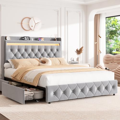 Garvee Full Upholstered LED Bed Frame with Storage Headboard, Gray | Full Bed with Charging Station and 2 Drawers, Soft Velvet Princess Platform Bed for Kids, No Box Spring Needed, Easy Assembly - color: Grey, size: Full