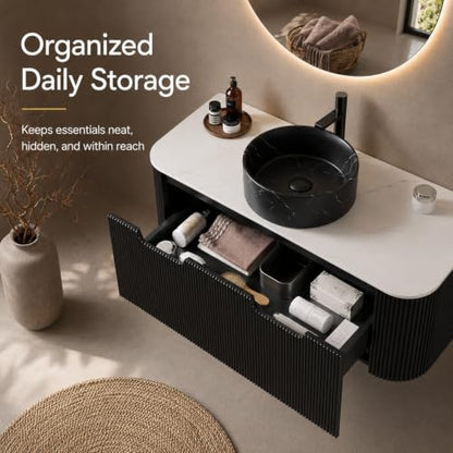 24" Floating Bathroom Vanity with Sink, Wall Mounted Plywood Cabinet, Black Fluted Front, Sintered Stone Countertop, Black Marble-Look Round Ceramic Vessel Sink, Soft-Close Drawer, Pre-Assembled - color: Black Cabinet / Black Marble Sink, size: 24 Inch