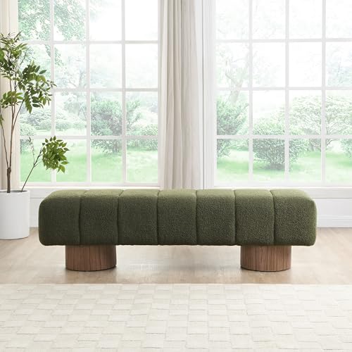 Christopher Knight Home Manila 64" Boucle Dining Bench, Upholstered Ottoman Bench, Rectangular Dining Seat, Spacious Seating, Long Footstool for Living Room Dining Room, No Assembly Needed, Green - color: Green N