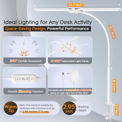 Syrinx LED Desk Lamp, Dual Head Desk Light with Clamp, Eye-Care Table Lamp | Flexible Gooseneck Task Light with Motion Sensor, Wired Control, 50 Lighting Modes, Timer & Memory Function for Home Office - color: White