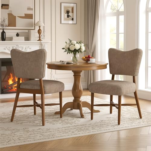 Farmhouse Dining Chairs Set of 2, Linen Seat, Wood Legs, Brown | Mid Century Modern, Upholstered Padded Cushion, Solid Wood Cross-Brace, Easy 15-Min Assembly, Kitchen Dining Room - color: Brown, size: Set of 2