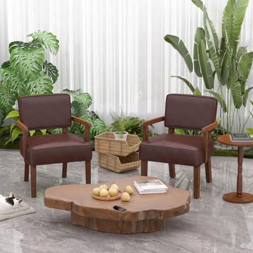 Accent Chairs Set of 2, 2 Solid Wood Armchairs with Table | Faux Leather Chair with Soft Thicken Cushion, Comfy Reading Chair for Bedroom, Waiting Room, Home Office, Easy Assembly - color: Faux Leather Cherry, size: Set of 2 with table
