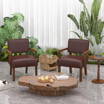 Accent Chairs Set of 2, 2 Solid Wood Armchairs with Table | Faux Leather Chair with Soft Thicken Cushion, Comfy Reading Chair for Bedroom, Waiting Room, Home Office, Easy Assembly - color: Faux Leather Cherry, size: Set of 2 with table