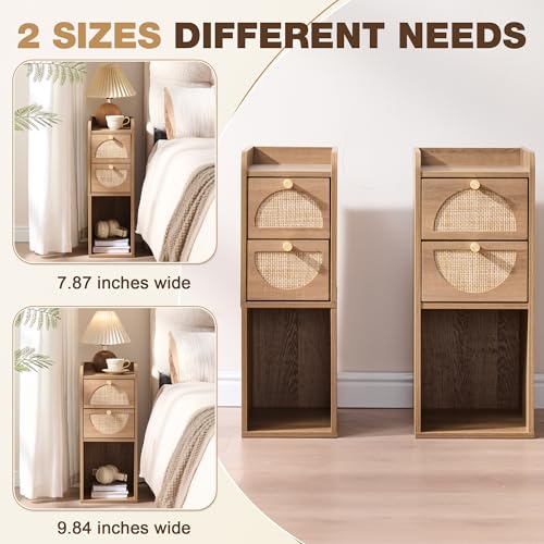 Narrow Nightstand (Rattan & Wood) - Small Bedside Table with 2 Drawers, Open Shelf, Mid Century Modern End Table - for Bedroom, Living Room & Small Spaces, Rustic Oak Rattan - color: Rustic Oak Rattan, size: 7.9"W (1 Pc)