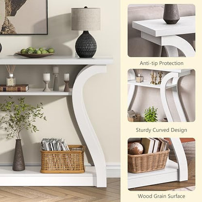 47" Narrow Console Table, Entry Table with Curved Legs, Sofa Table | Wood Console Table 3-tier Shelf Modern Accent Sofa Table for Entrance Area, Living room, Hallway (White) - color: White