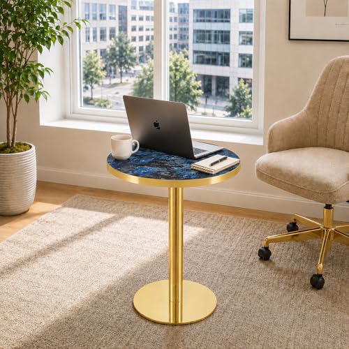 TesNus 23.6" Small Round Dining Table for 2, Circle Tulip Table, Faux Marble Top with Gold Metal Pedestal Base, Modern Leisure Coffee Table for Small Spaces, Cafe, Office, Blue&Gold - color: Blue Top&gold Base