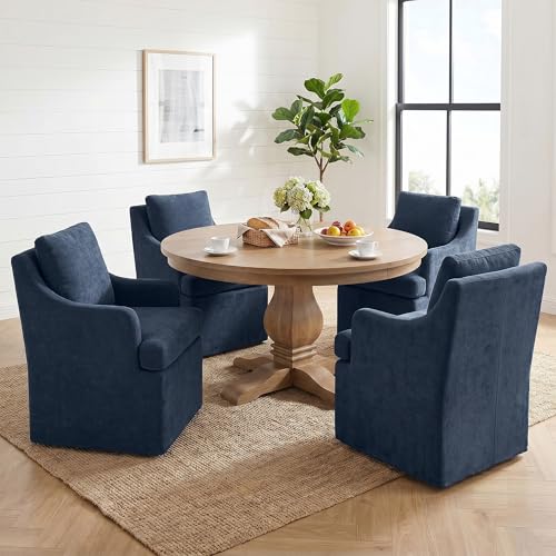 VKNOW Upholstered Dining Chairs Set of 4, Dining Room Chairs with Casters | Modern Rolling Dining Chairs with Armrest, Soft Chenille Fabric, Washable Cover, Easy Assembly, Living Room, Bedroom, Blue - color: Blue, size: 4