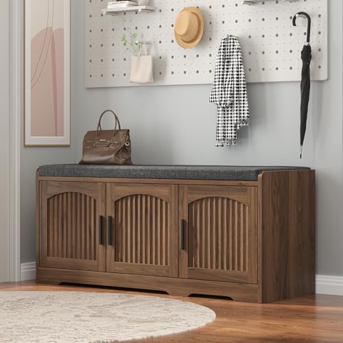39.4" Shoe Storage Bench with Seating Cushion, Fluted 2-Tier Entryway Bench with 3 Doors & Adjustable Shelves, Shoe Cabinet Bench for Entryway, Hallway, Bedroom and Living Room - color: Walnut