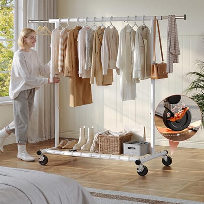 Raybee Clothes Rack, Metal Rolling Garment Rack with Extendable Rod | Storage Mesh Shelf, Lockable Wheels, Tool-Free Assembly, Collapsible Frame, for Bedroom, Laundry, Closet, Commercial, White - color: White, style: Single Rod