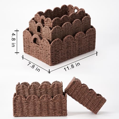 Scalloped Wicker Basket Set of 3, Hand-Woven Storage with Handles | set of 3 brown scalloped baskets with handles. Hand-woven paper rope for shelves, bathroom or closet. Stackable, sturdy. - color: Brown