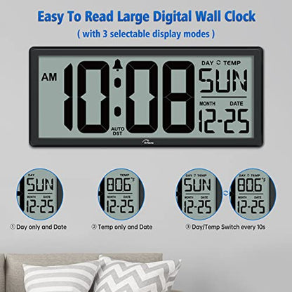 14.5'' Large Digital Wall Clock Battery Operated | Jumbo Numbers, Temperature and Date, Easy to Read and Set, Auto DST, Large Display for Garage, Office, Classroom - color: Black