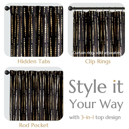 jinchan Boho Blackout Curtains 63 Inch Length Moon Phase Printed Drapes | Gold on Black Farmhouse Curtain for Bedroom Living Room Back Tab Rod Pocket Drapes Room Darkening Window Treatment 2 Panels - color: Luna | Gold on Black, size: 52"W x 63"L (Pack of
