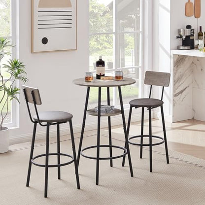 23.6” Diameter Round Bar Table Set for 2 with Storage Shelf, Counter Height Pub Table and Chairs, Small Round Kitchen Table with Backrest Stools for Small Spaces, Breakfast Nook Dining Table - color: Grey, style: Round w/ Upholstered Stool