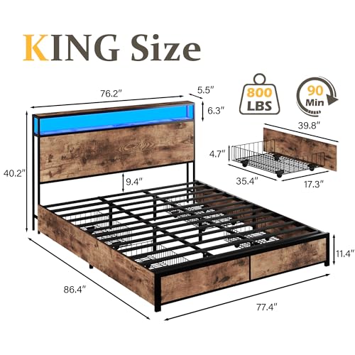 Lifezone Queen Bed Frame with 2-Tier Storage Headboard, Metal Platform Bed Frame with 4 Storage Drawers, Built in Charging Station & LED, Noise-Free/Metal Support/No Box Spring Needed, Rustic Brown - color: Rustic Brown, size: Queen