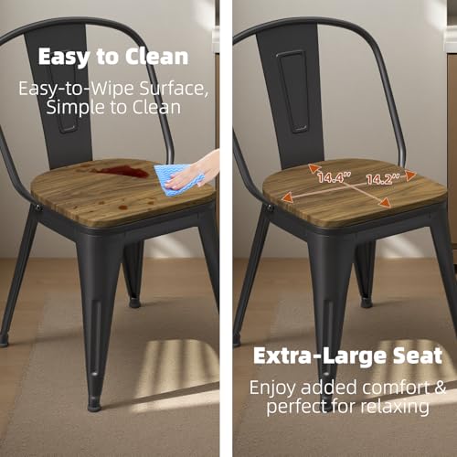 18 Inch Dining Chairs Set of 4, Farmhouse Metal Chairs with High Back and Wooden Seat, Stackable Industrial Bar stools for Dining Room(Black) - color: Black