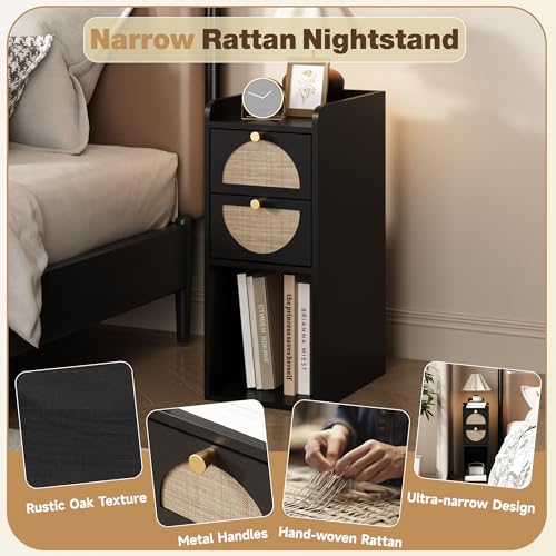 Narrow Nightstand (Rattan & Wood) - Small Bedside Table with 2 Drawers, Open Shelf, Mid Century Modern End Table - for Bedroom, Living Room & Small Spaces, Black - color: Black, size: 7.9"W (1 Pc)