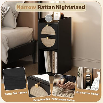 Narrow Nightstand (Rattan & Wood) - Small Bedside Table with 2 Drawers, Open Shelf, Mid Century Modern End Table - for Bedroom, Living Room & Small Spaces, Black - color: Black, size: 7.9"W (1 Pc)