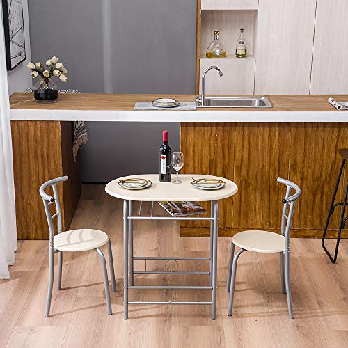 VINGLI 3 Piece Dining Set, Small Kitchen Table Set for 2, Breakfast Table Set, Kitchen Wooden Table with 2 Chairs for Small Space/Dining Room/Apartment, Metal Frame, Wine Rack, Beige - color: Beige