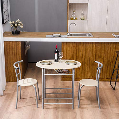 VINGLI 3 Piece Dining Set, Small Kitchen Table Set for 2, Breakfast Table Set, Kitchen Wooden Table with 2 Chairs for Small Space/Dining Room/Apartment, Metal Frame, Wine Rack, Beige - color: Beige