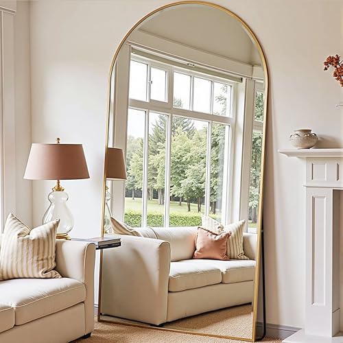 81''x41'' Oversized Full Length Mirrors, Arched Floor Mirror with Stand, Full Body Large Oversized Standing Mirror/Leaning/Hanging Wall Mounted for Living Room, Bedroom, Gold - color: Gold, size: 81"L x 41"W