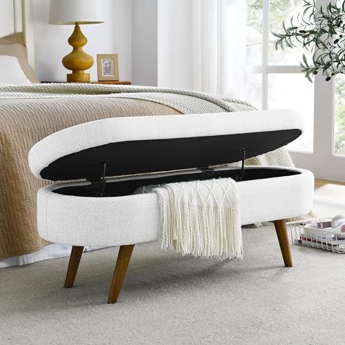 43.5" Ottoman with Storage, Storage Ottoman Bench with Safety Hinge, Linen End of Bed Bench, Upholstered Entryway Bench for Bedroom, Living Room & Window, Holds up to 330 lb, White - color: White+linen, size: 16"D x 43.5"W x 16"H