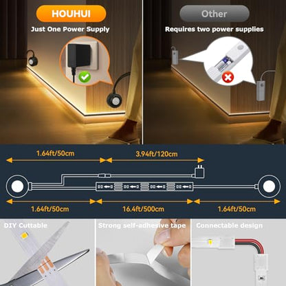 Dual Motion Sensor Light Strip Indoor Under Bed Lights Warm White 16.4Ft | Motion Activated LED Strip Lights, Auto On/Off, Two-End Motion Sensors Night Lighting 12V For Bedside Stair Cabinet Hallway - size: 16.4ft-Two Motion Sensors