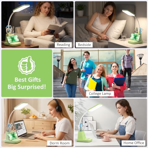 LED Desk Lamp with 10W Wireless Charging & Pen Holder, Light Green | CRI 95, 800LM, Stepless Dimming, 3 Modes, 360°Flexible Arm, Touch, Study Table Lamp for Home Office, Dorm Room, with Adapter - color: Green