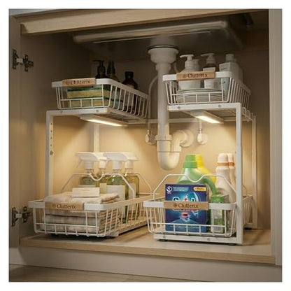Under Sink Organizer with Motion-Activated LED Lights, 2 Pack, 2 Tier Sliding L-Shaped Carbon Steel Rack with Adjustable Height, Dividers & Hooks (White) - color: White