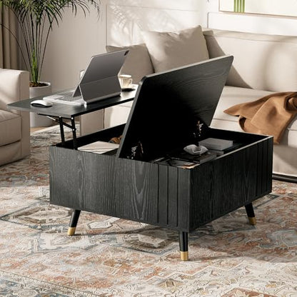 JOINICE Square Lift Top Coffee Table with Storage for Living Room,Black | 32" Multi-functional Pop Up Center Table,Large Hidden Compartments with Solid Wood Legs,Lift to 23",Hold 100lbs,Easy Assembly - color: Black_square