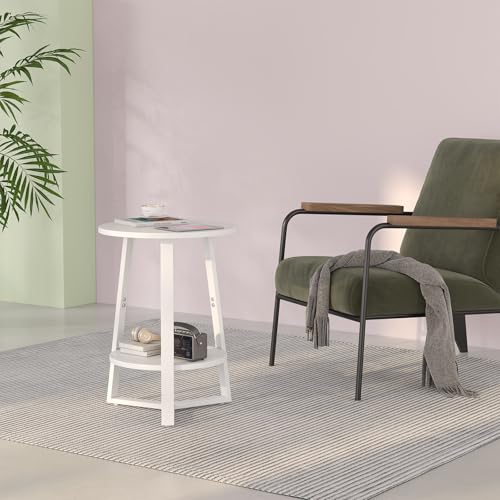 sthmec Small Round End Table, 2 Tier Side Table with Storage Shlef,Coffee Table Wooden Tabletop & Metal Frame,Round Accent Table Small Nightstands Couch Tables for Bedroom,Livingroom,White - color: White