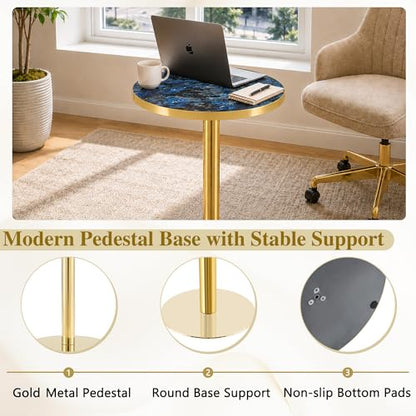 TesNus 23.6" Small Round Dining Table for 2, Circle Tulip Table, Faux Marble Top with Gold Metal Pedestal Base, Modern Leisure Coffee Table for Small Spaces, Cafe, Office, Blue&Gold - color: Blue Top&gold Base