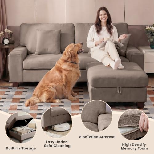 DOPEDIO 71.25" L-Shaped Sectional Couch with Storage Ottoman, Brown | L-shaped sectional sofa with storage ottoman, chenille fabric, washable covers, pocket spring cushions, easy assembly - size: 71.25 inch-L, style: Brown Chenille