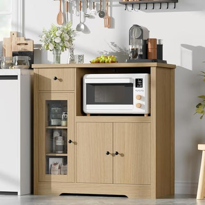 GarveeHome Kitchen Microwave Cabinet with Storage and Drawers, Natural | Modern Small Buffet Cabinet, Glass Doors, Adjustable Shelf, Wooden Sideboard, Wide Top, for Dining Room, Living Room - color: Natural